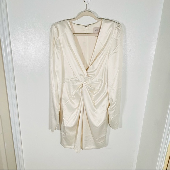 NEW BHLDN Maya Long-Sleeve Twist Satin Mini Dress Ivory Wedding Party Neutral - Picture 2 of 9